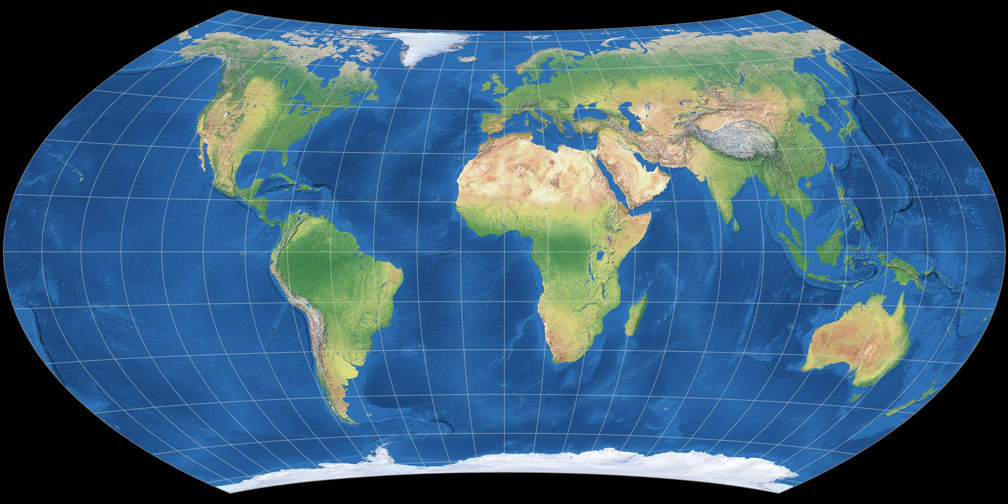 Entfernungsbezogene Weltkarte (distance-related map; approximation.)